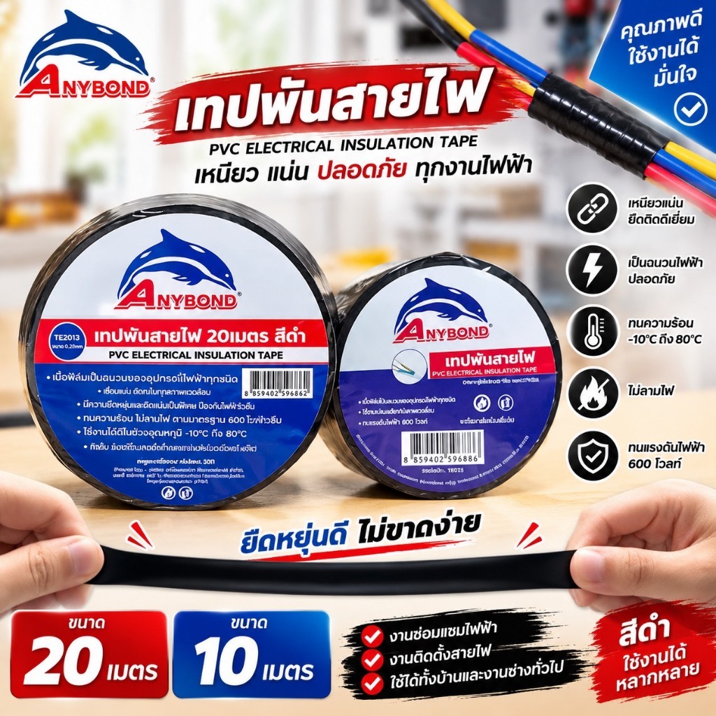 YP-338 Anybond เทปพันสายไฟ 3M สีดำ (10-20 เมตร)