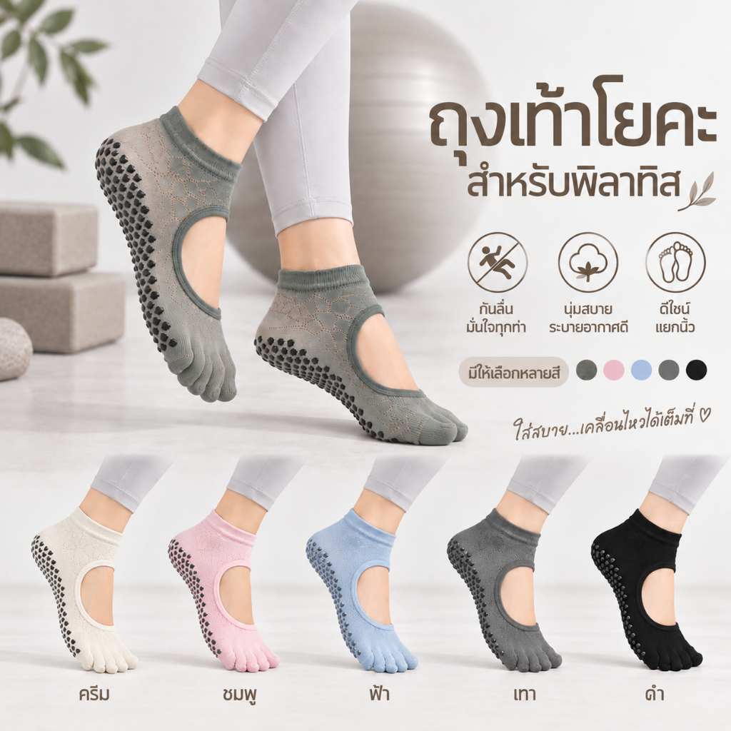 ถุงเท้าโยคะกันลื่น ถุงเท้าพิลาทิส แบบสั้น แยกนิ้ว มีปุ่มกันลื่น