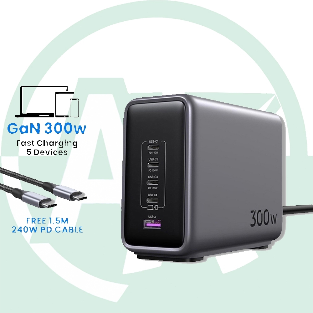 UGREEN 300W ชาร์จเจอร์ USB C, สถานีชาร์จ 5 พอร์ต GaN, ชาร์จเร็ว PD3.1 พอร์ตเดียวสูงสุด 140W
