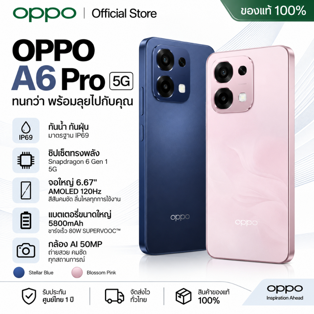 A6 Pro 5G (8GB+256GB) 6.57 นิ้ว ความถี่ 120Hz แบตเตอรี่ 6500mAh รองรับการชาร์จเร็ว 80W