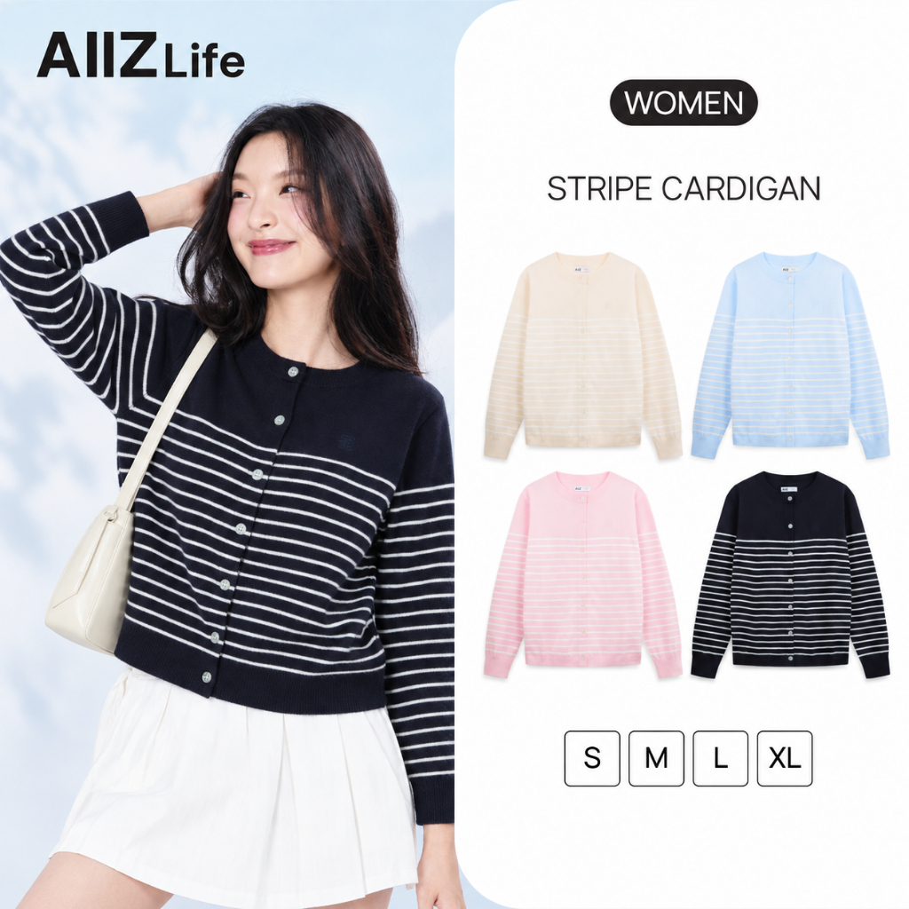 AIIZ เสื้อคาร์ดิแกนผู้หญิงแขนยาวทอลายทาง AIIZ Women's Stripe Cardigan