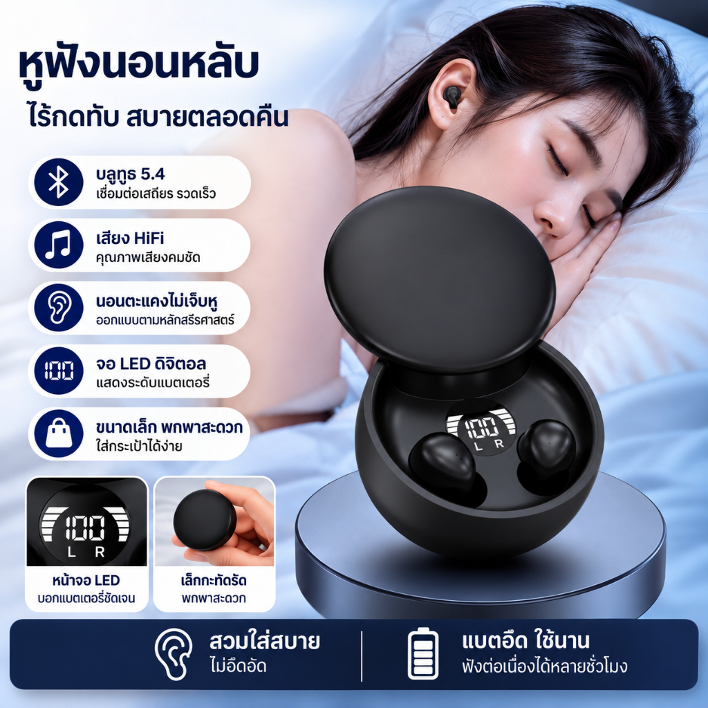 หูฟังใส่นอนมินิ Bluetooth 5.4 รองรับเสียง HiFi สวมใส่สบาย นอนตะแคงได้ ไม่กดหู มีหน้าจอ LED ดูแบตเตอรี่