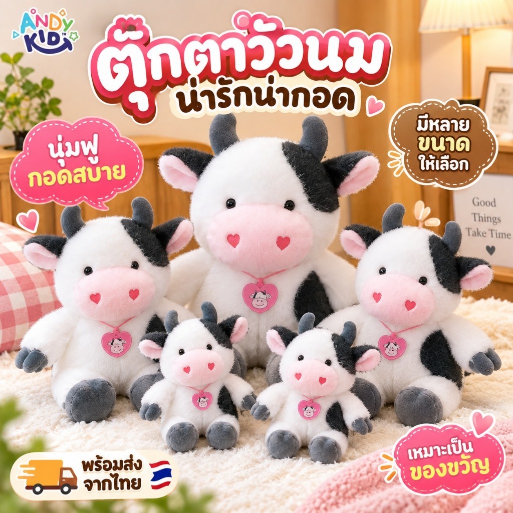 ตุ๊กตาวัวนมแก้มน่ารัก ตุ๊กตานั่งนุ่มฟู ไส้ใยสังเคราะห์พีพี ใช้กอด หนุน ตกแต่งเตียง ของขวัญน่ารัก