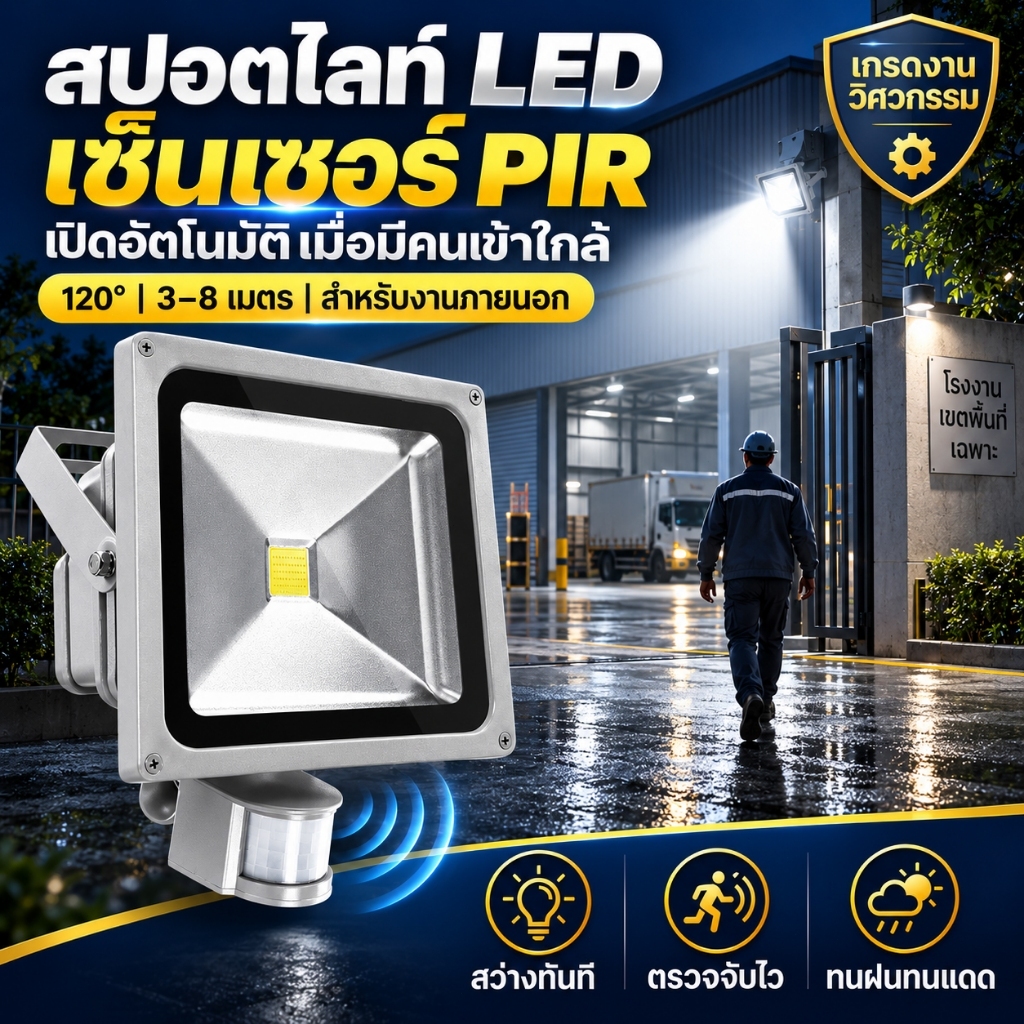 ไฟส่องสว่างภายนอก LED เซ็นเซอร์ PIR ตรวจจับความเคลื่อนไหว กันน้ำ IP65 10W-50W ความสว่างแรง สำหรับลานจอดรถ โรงรถ ทางเดิน