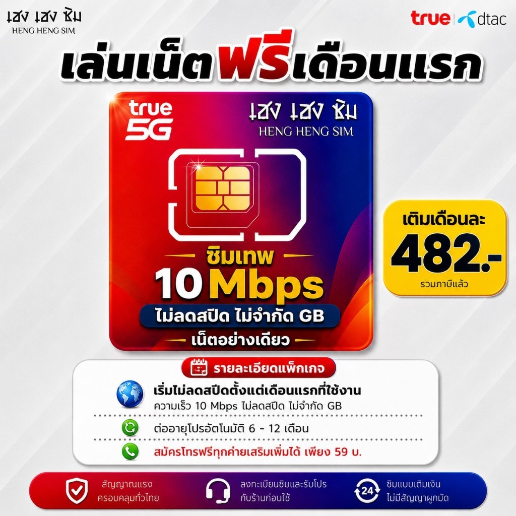 TRUE ซิมเน็ต ( เล่นฟรีเดือนแรก ) ความเร็ว 6-1000 Mbps ไม่ลดสปีด ไม่จำกัด+โทรฟรีทุกเครือค่าย 24 ชม [ ซิมทรู 5G ]