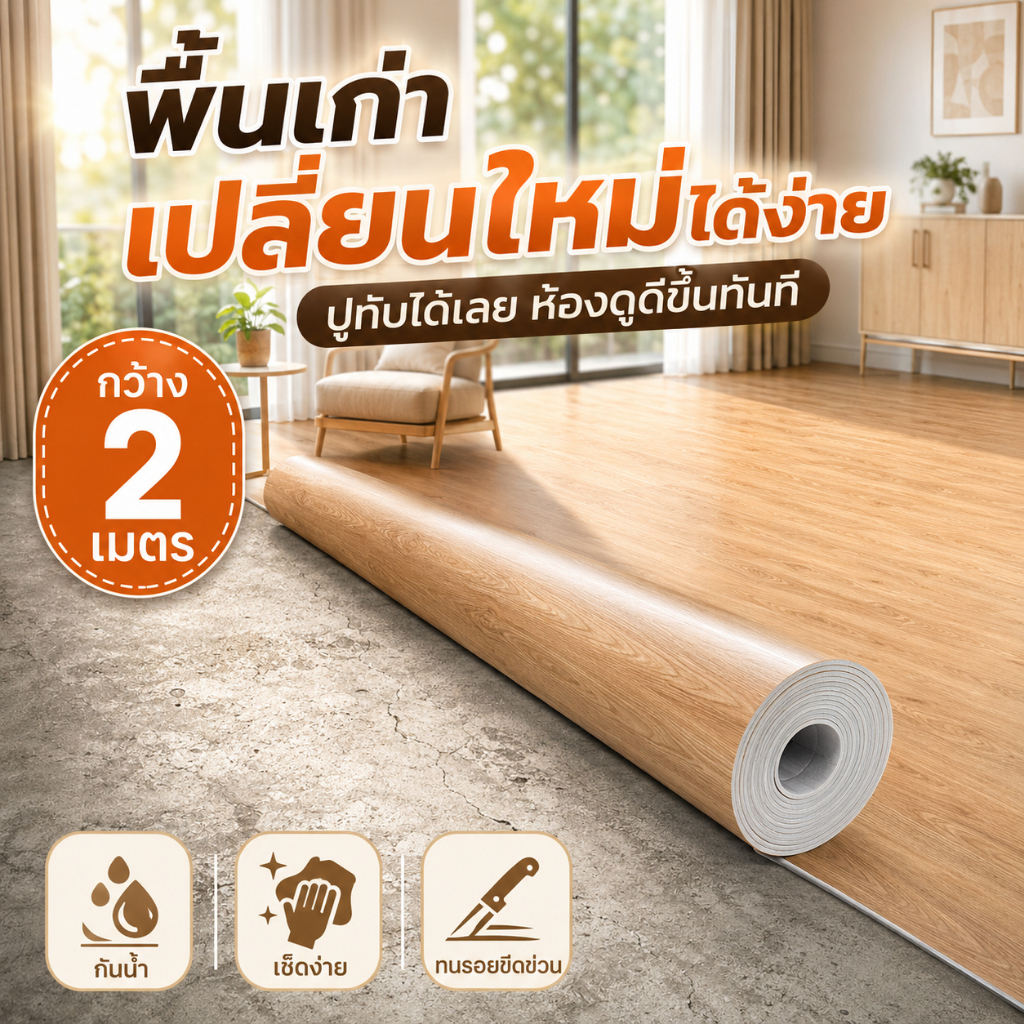 เสื่อน้ำมันลายไม้ PVC แบบม้วน ปูพื้นบ้านได้ทั้งห้อง รอยต่อน้อย กันน้ำ ทนทาน ปูทับพื้นเก่าได้ แถมเทปกาวและคัตเตอร์