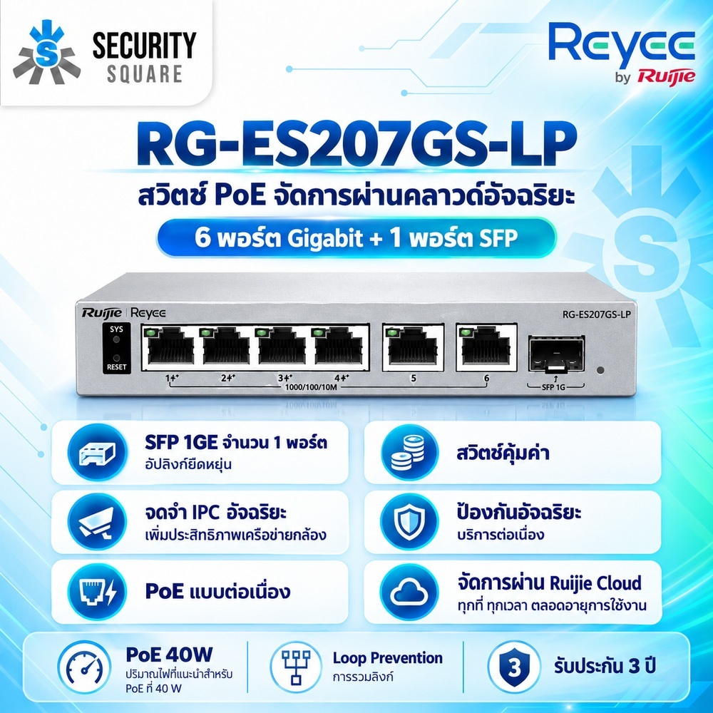 Ruijie Reyee RG-ES207GS-LP L2 Smart Cloud Managed PoE Switch, 4x PoE+, 2x GE RJ45, 1x GE SFP, 40W