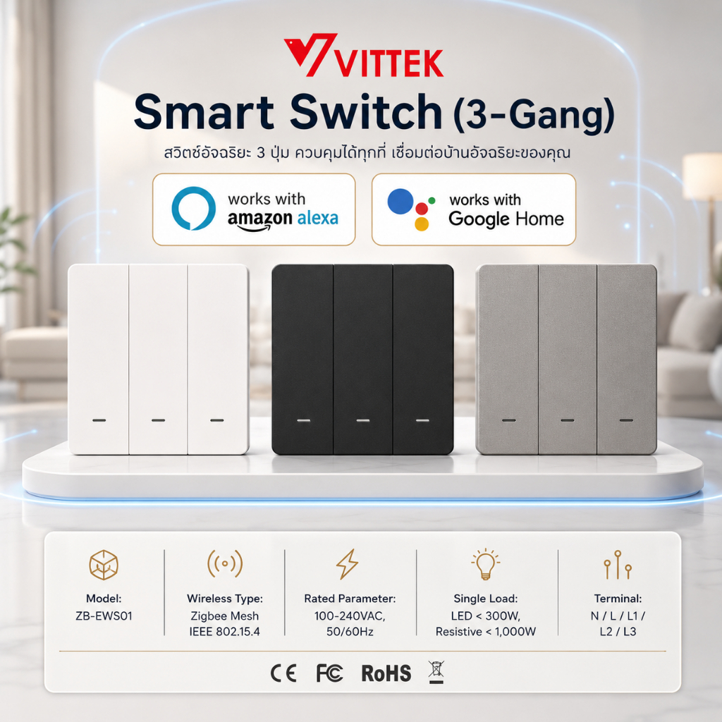 Zigbee smart wall touch switch 3 gang สวิตช์ไฟอัจฉริยะ 3 Gang ปุ่มกดสวิตช์ติดผนัง Smart Life รองรับ 