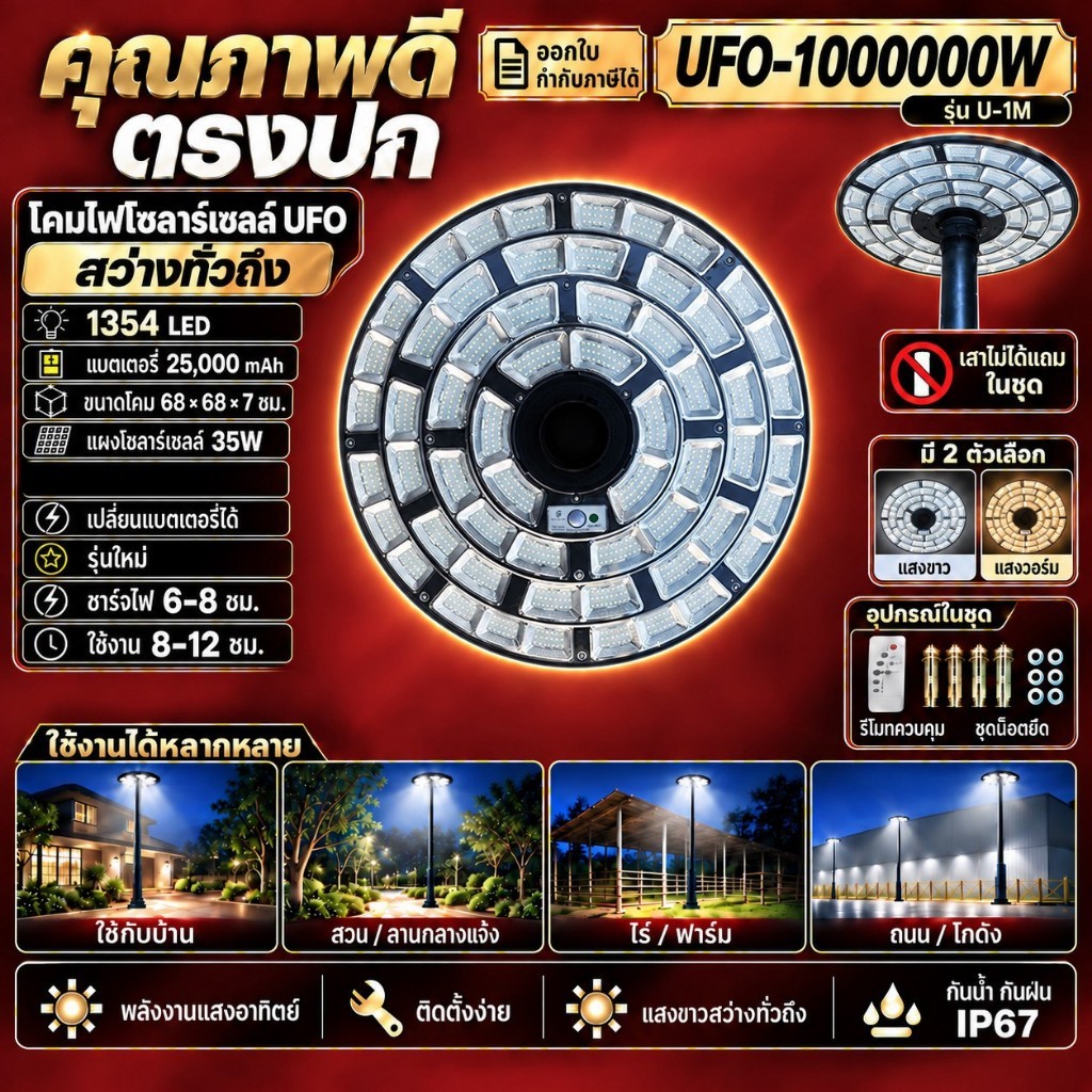 ไฟกลางแจ้ง UFO ไฟโซล่าเซลล์ ไฟพลังงานแสงอาทิตย์ ไฟภายนอกอาคาร ค่าไฟ 0 บาท