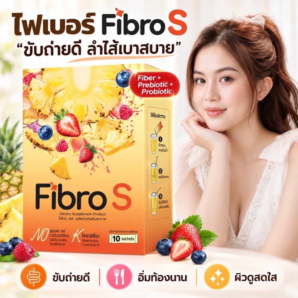 (ของแท้ 100%) Fibro S ไฟเบอร์ชงดื่ม ใยอาหารสูง 9,000 mg ขับโซเดียม ถ่ายดี ไม่มีน้ำตาล (บรรจุ 10 ซอง)
