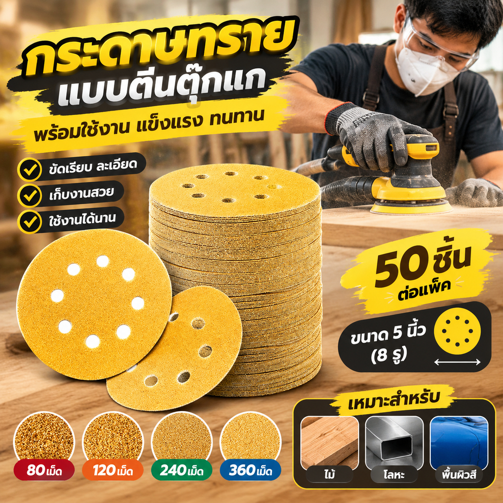 กระดาษทรายแปะ กระดาษทรายกลมสีเหลืองกระดาษทรายกลมหลังขน 5นิ้ว 8รู ขัดรถยนต์งานไม้ มีเบอร์60-400 มีชุด 50แผ่น