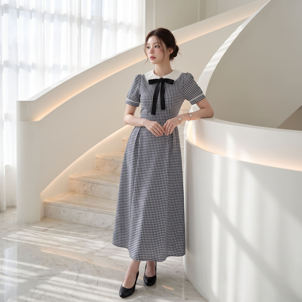 เดรสยาวลายสก็อต French Vintage LND101 น่ารัก หยุดเลื่อนผ่าน เดรสยาวคอปกแต่งโบว์ดำ ลายสก็อตโทนสุภาพ แ