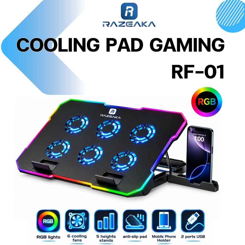 RAZEAKA RF-01  พัดลมโน๊ตบุ๊ค Cooling pad gaming 9-17นิ้ว Laptop Cooling Pad พร้อมที่วางโทรศัพท์มือถือ 6 ใบพัด RGB