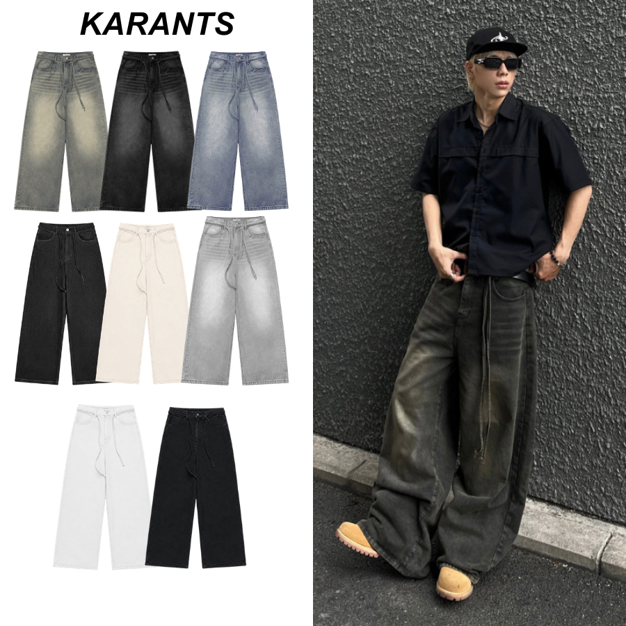 [6 สีใหม่] (แถมเข็มขัด) Karants กางเกงยีนส์ Straight เรียบ ขาบาน S-2XL Streetwear Unisex ชาย-หญิง - 