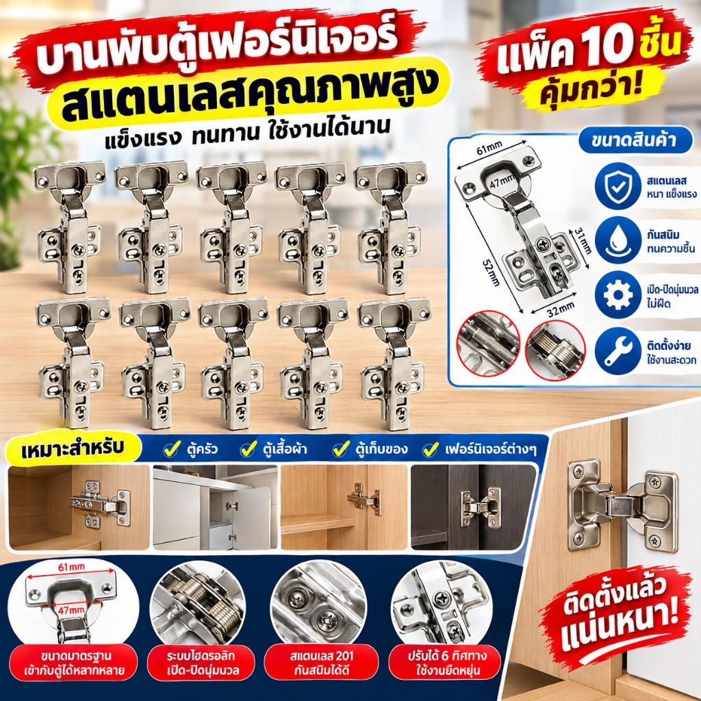 บานพับถ้วยไฮโดรลิก บานพับตู้ 35mm 5/10ชิ้น มีโซ๊คอ่อน สำหรับตู้ครัว ตู้เสื้อผ้า เหล็กคุณภาพ พร้อมน็อต