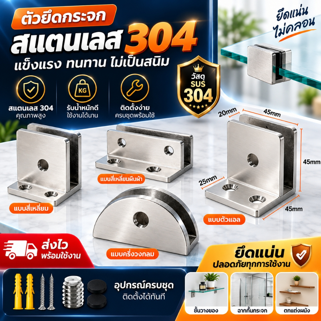 ตัวหนีบกระจก Stainless 304 ตัวยึดหนีบประตูกระจกบานเปลือย รุ่น
