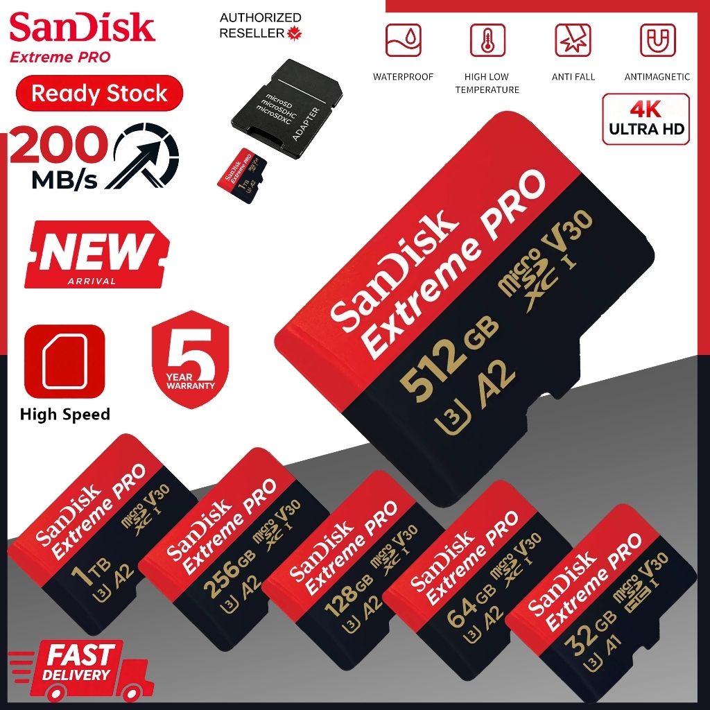 เมมโมรี่การ์ด SanDisk Extreme PRO ของแท้ 100% ประกันตลอดอายุการใช้งาน U3 V30 A2 อ่านสูงสุด 200MB/s สำหรับกล้องแอคชั่น โด