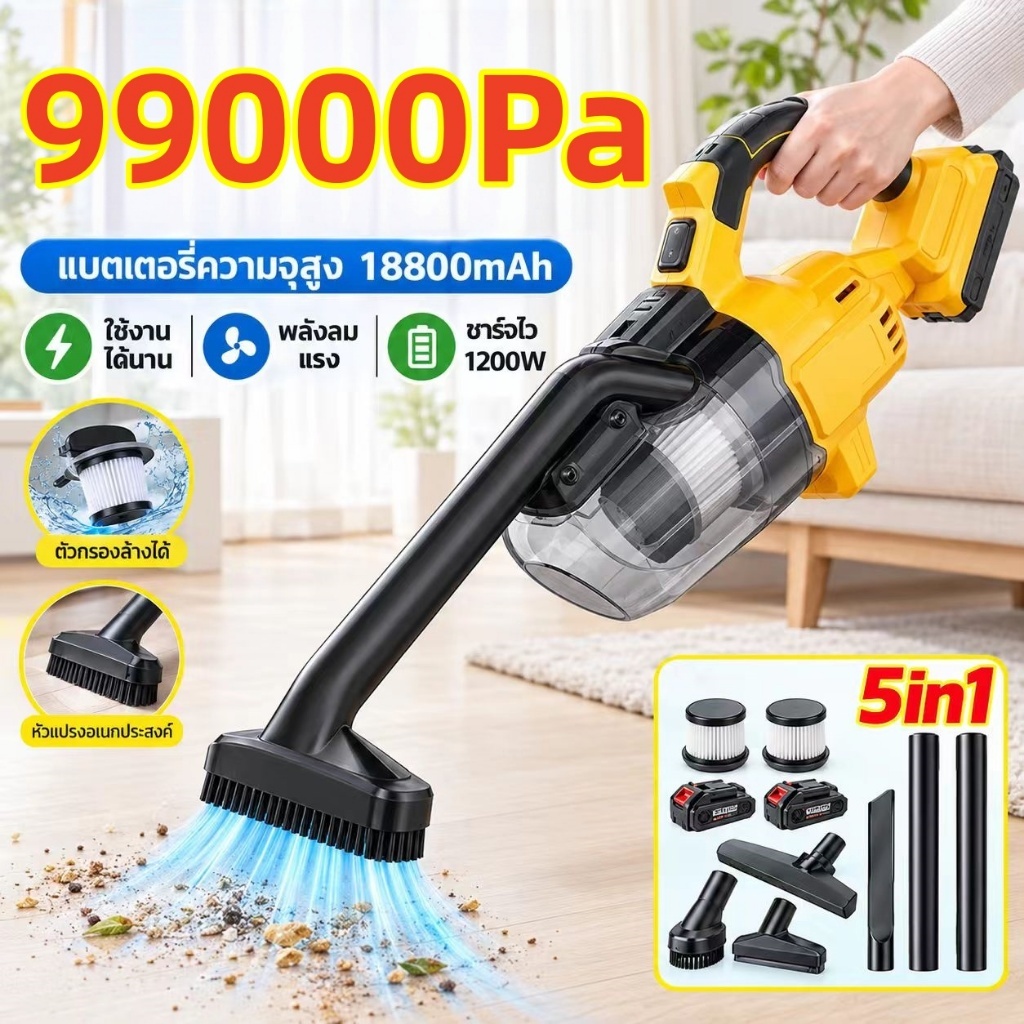 แรงดูดสูง🌟5in1 เครื่องดูดฝุ่นไฟฟ้าไร้สาย🌟1200W 21V เครื่องดูดฝุ่นในรถไร้สาย พกพา ใช้ได้ในบ้าน ที่ดูดฝุ่นมือถือ มีไฟ LED
