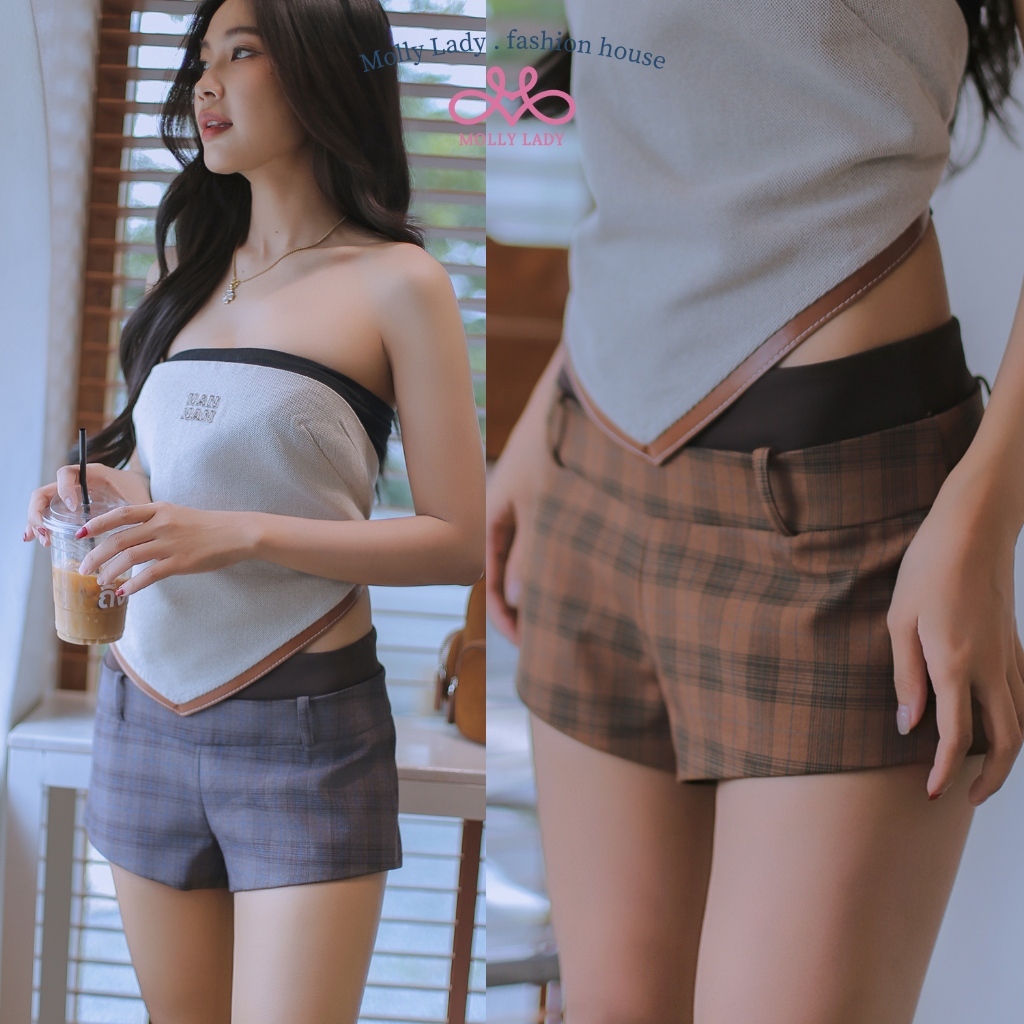 Molly Lady Double layer Shorts กางเกงขาสั้นทรงเอวต่ำ ขอบเอวสองชั้น ลายสก็อตตัดสีน้ำตาล