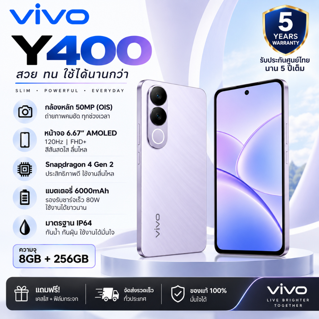 ใหม่! Vivo Y400 5G (เครื่องศูนย์) 8GB/256GB | หน้าจอ AMOLED 120Hz | กล้อง 50MP | แบตเตอรี่ 6000mAh |
