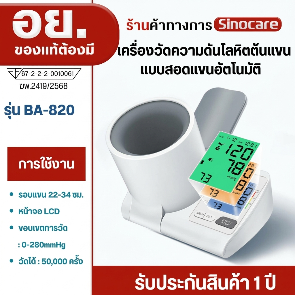 Sinocare เครื่องวัดความดันโลหิตแบบสอดแขนแบบอัตโนมัติ เครื่องวัดความดันโลหิตต้นแขนแบบอัตโนมัติ รุ่น BA-820