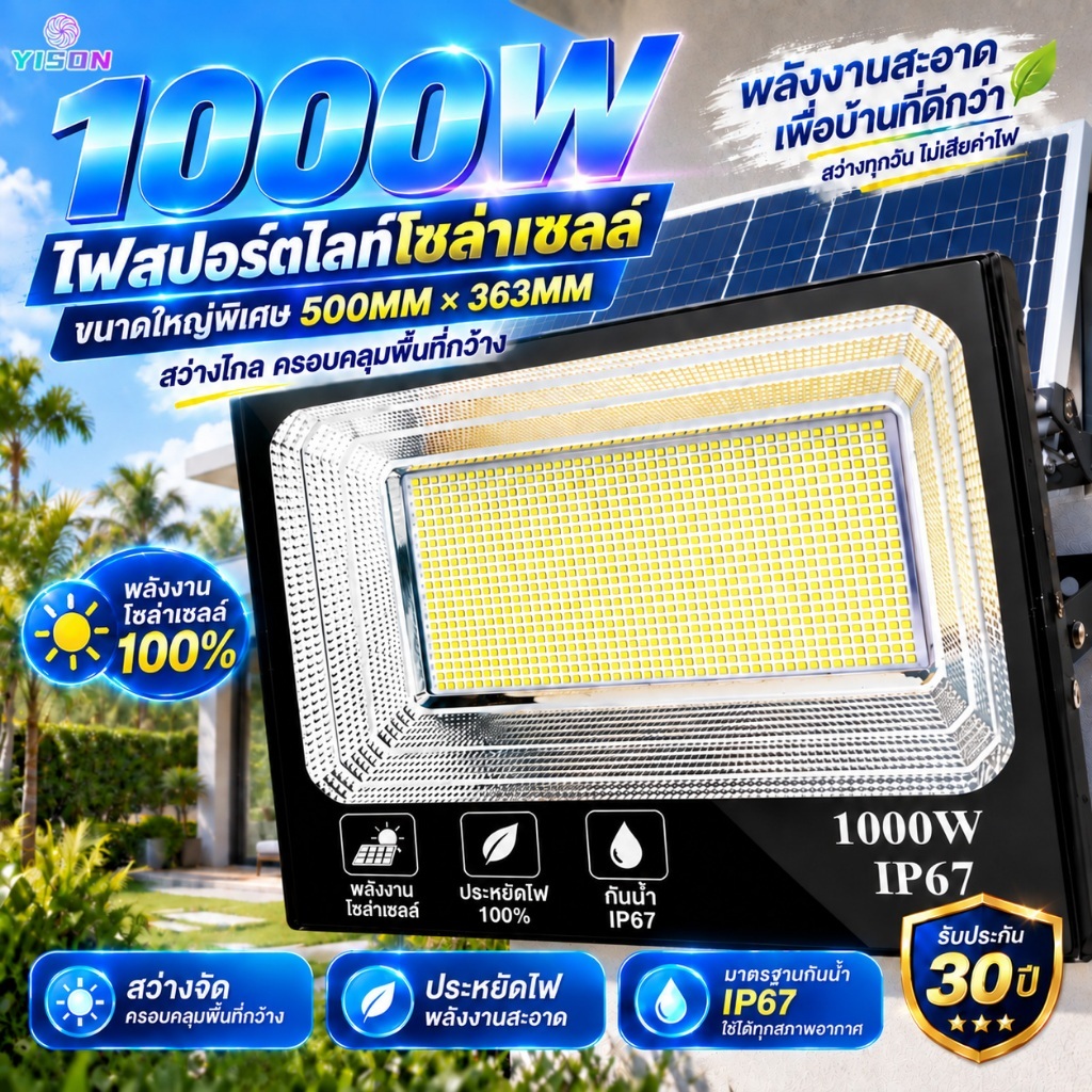 YISON (ตัวเรือนโลหะ) ของแท้ พร้อมส่ง ไฟโซล่าร์เซลล์ 1000W ขนาดใหญ่ 500x363MM กันน้ำ ป้องกันฟ้าผ่า Solar Light รีโมท