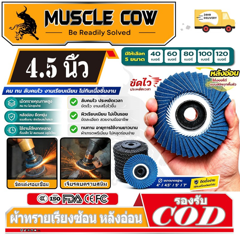 MUSCLE COW กระดาษทรายซ้อน ผ้าทรายเรียงซ้อน หลังอ่อน 4 นิ้ว (1 กล่อง มี 10 ใบ) เบอร์ 40, 60, 80, 100 ใบขัดไม้ ขัดเหล็ก