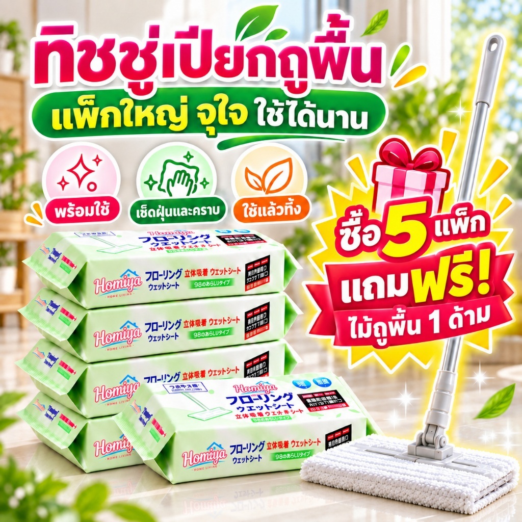 【COD】แถมฟรีไม้ถูพื้น ผ้าเปียกถูพื้น 40แผ่น/แพ็ก ขจัดคราบฝุ่นได้หมด กลิ่นหอมสดชื่น
