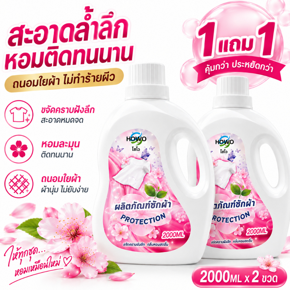 น้ำยาซักผ้า HOWO 2 ลิตร  1 แถม 1 หอมสดชื่น ลดกลิ่นอับชื้น สูตรเข้มข้น ใช้น้อยก็สะอาด