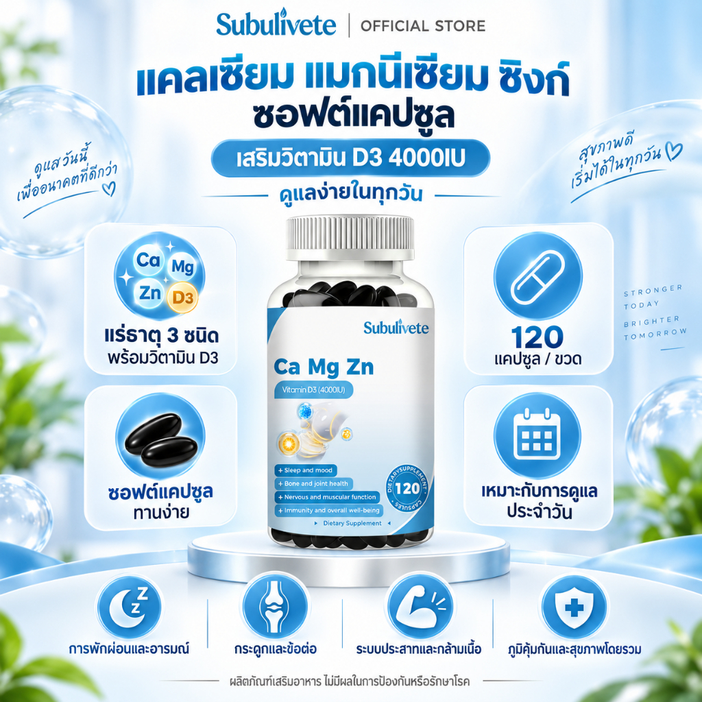 Subulivete แคลเซียม แมกนีเซียม สังกะสี วิตามินดี3 Calcium Magnesium Zinc D3 บำรุงกระดูก ฟัน ดูดซึมดี 120 แคปซูล