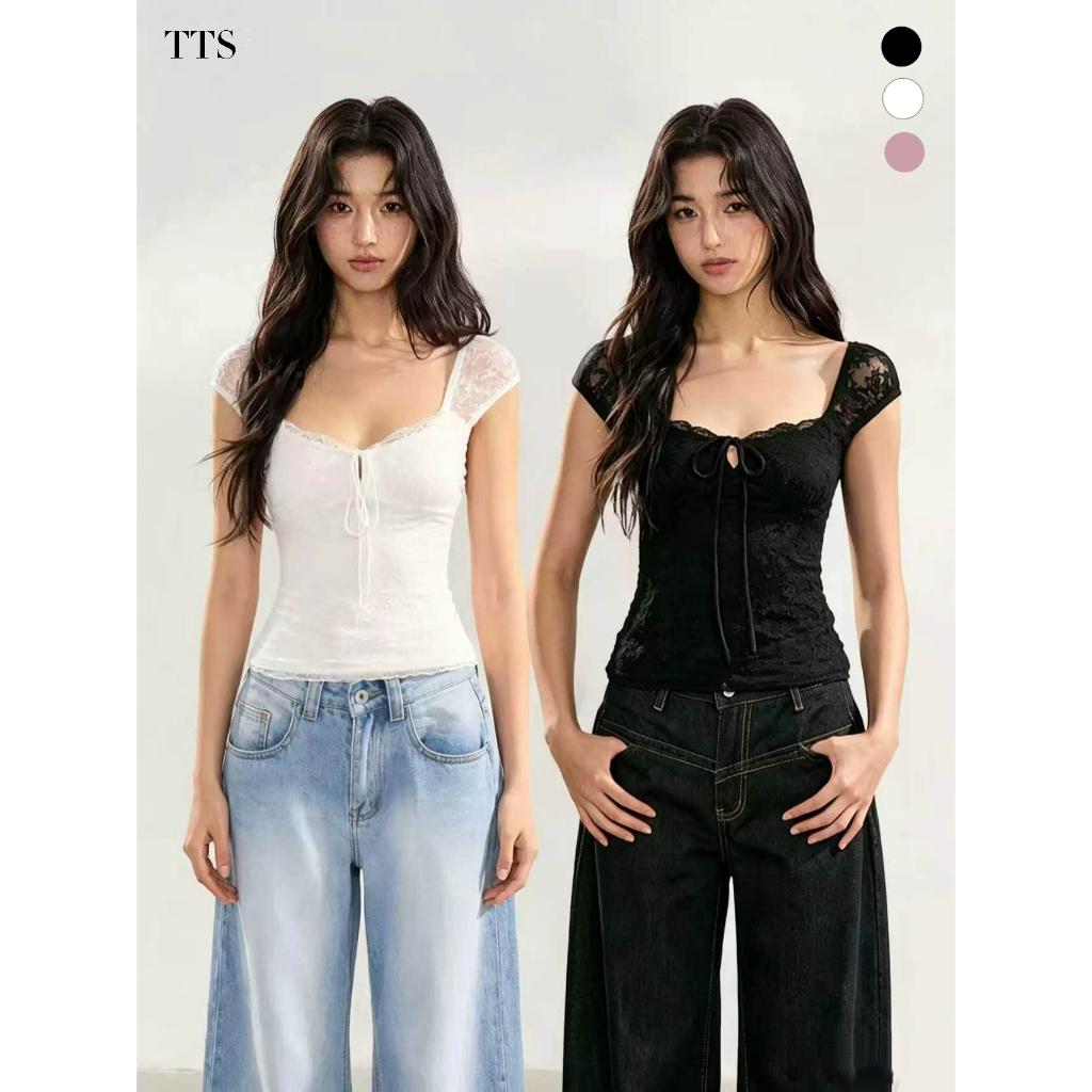TTS【ในสต็อก】เสื้อกล้ามคอเหลี่ยมเข้ารูปสำหรับผู้หญิง ทรงเข้ารูปเน้นเอว ดีไซน์เซ็กซี่ด้วยผ้าลูกไม้ แขน