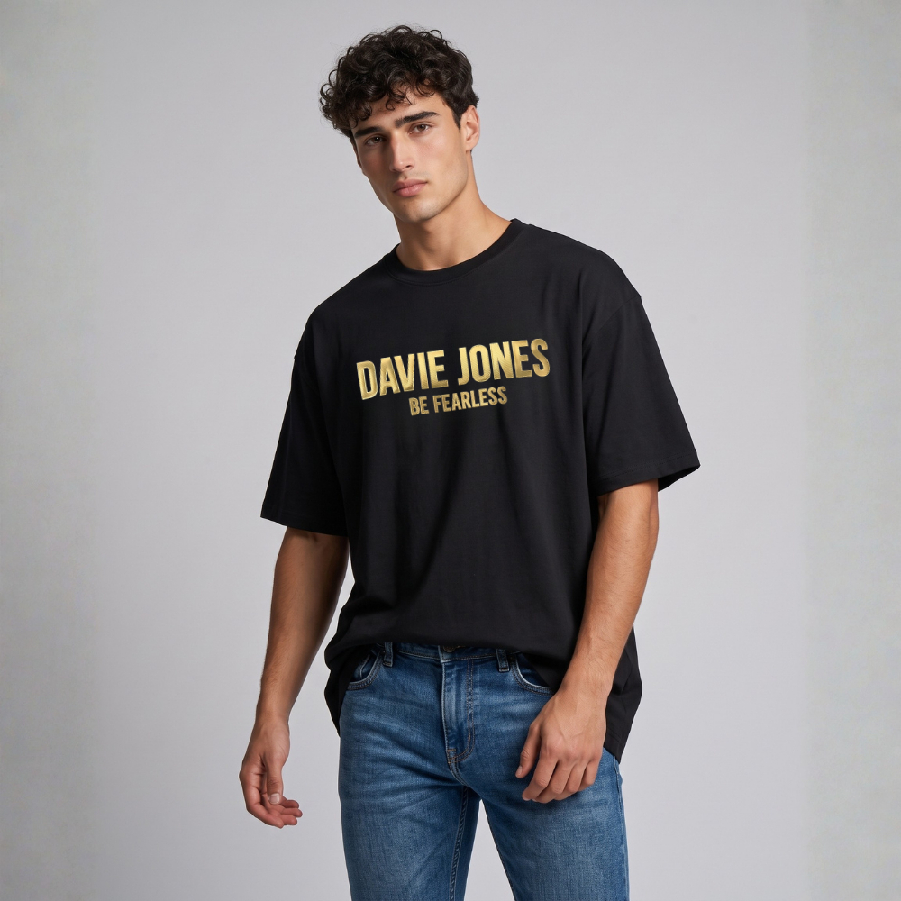DAVIE JONES تيشيرت رجالي واسع بالشعار — أسود — صورة 6