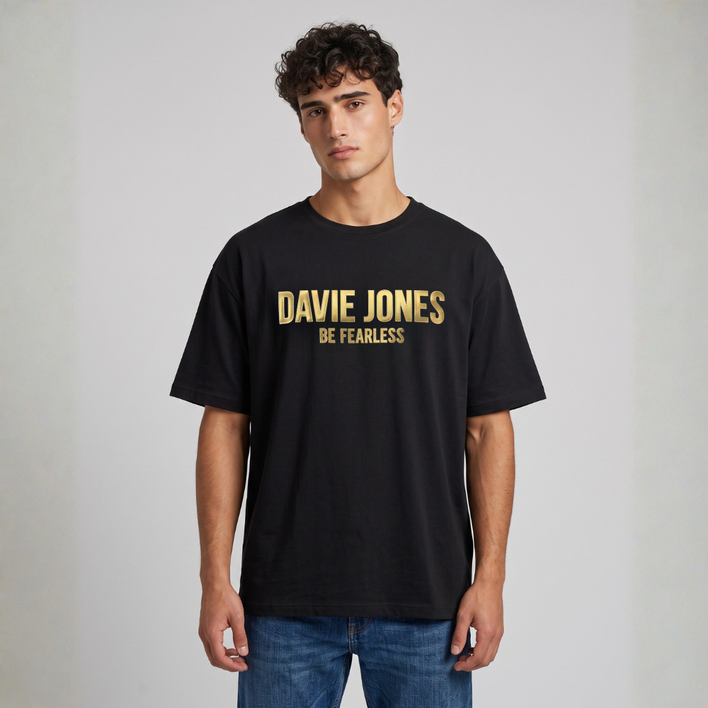 DAVIE JONES تيشيرت رجالي واسع بالشعار — أسود — صورة 4