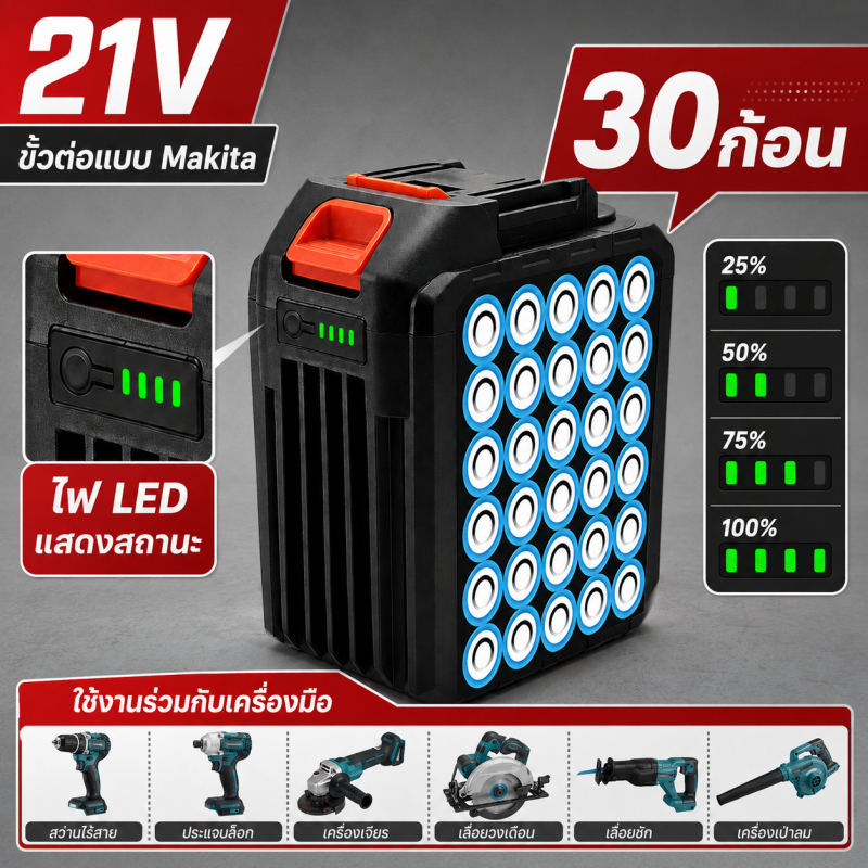 จัดส่งรวดเร็ว แบตลิเธียม 21V ทรง Makita 20เซลล์ แบตสว่านไร้สาย สว่าน เลื่อย เครื่องเจียร ตัดหญ้า ทนทาน รองรับ COD