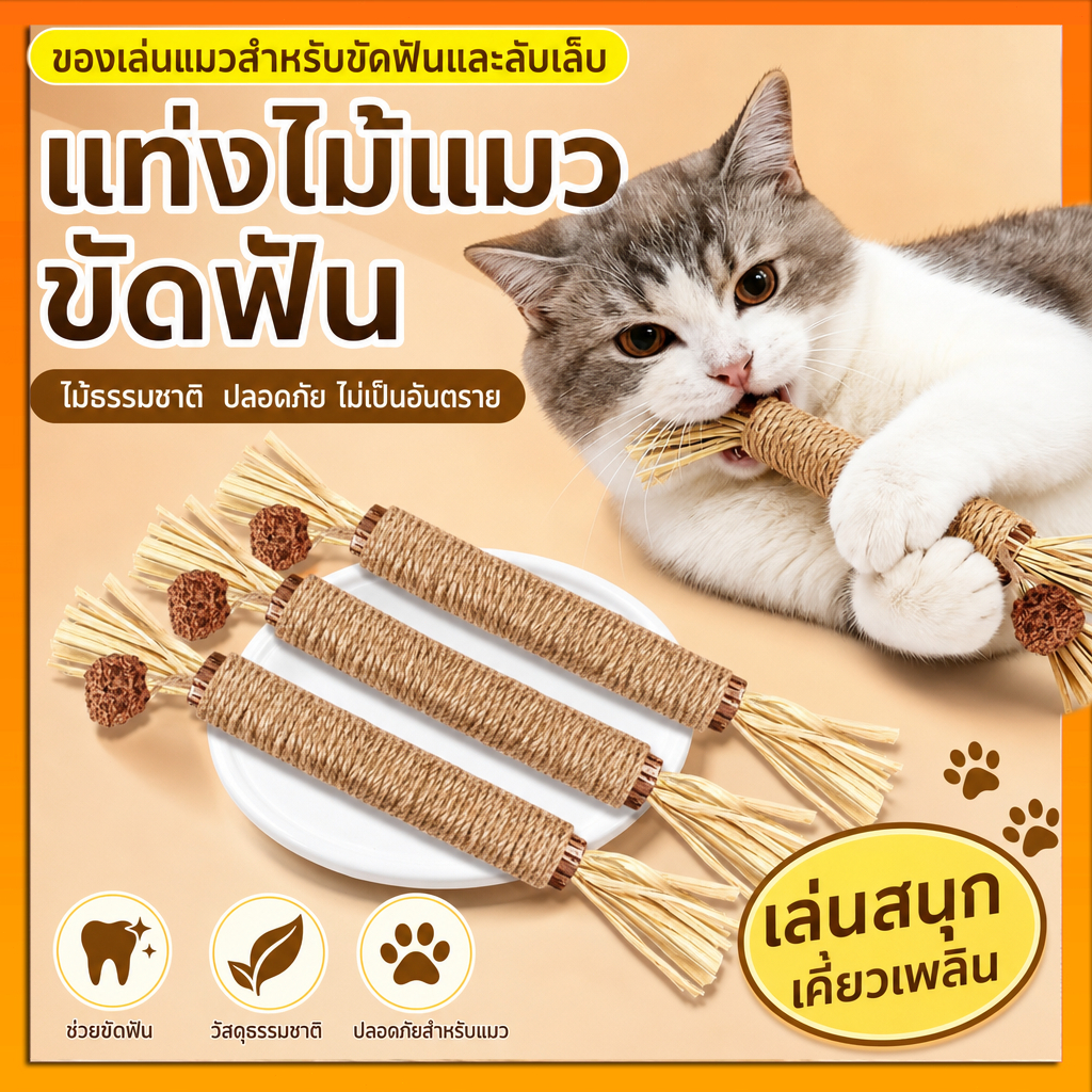 ไม้แมวเมา อันใหญ่ ไม้ขัดฟันแมว ของเล่นแมว ลดคราบหินปูน กัญชาแมว ของเล่นทำความสะอาดฟันแมว หวายทำความสะอาดฟัน
