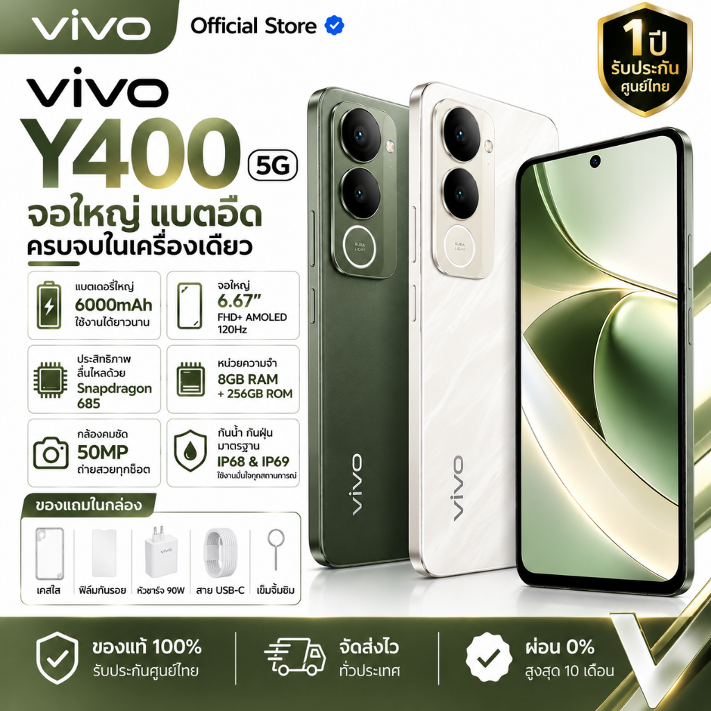 vivo Y400 5G 8+256GB | หน้าจอ AMOLED 6.67” | แบตเตอรี่ 6000mAh | สมาร์ทโฟน