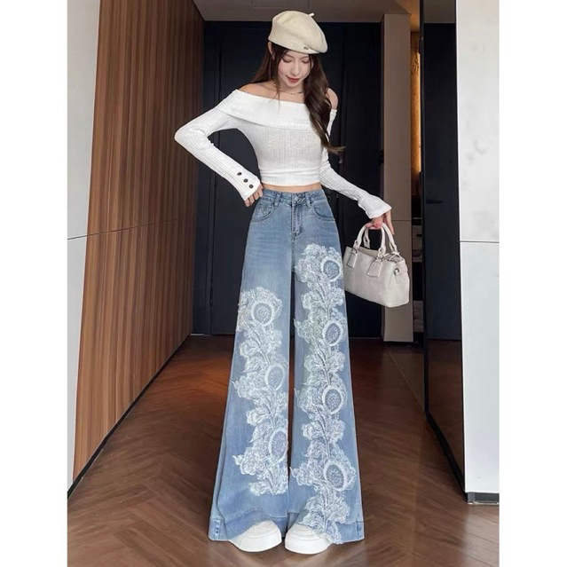 กางเกงยีนส์ขาบาน Wide Leg เอวสูง ด้านหน้าแต่งลูกไม้ขนาดใหญ่ ลุคหรูหรา 444 ขนาดS-4XL