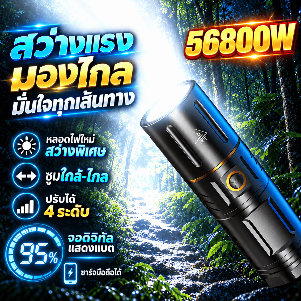 【COD+พร้อมส่ง】ไฟฉายแรงสูง แท้ ซูมได้ กันน้ำ ไฟฉายสว่างมากๆ แสงยิงไกลถึง5000เมตร