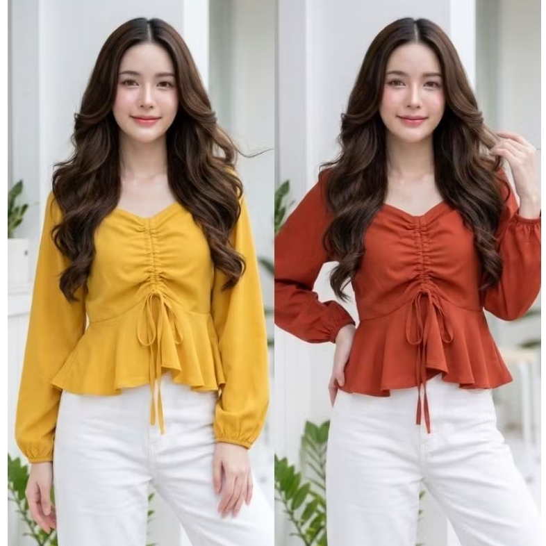 maymuse เสื้อคอวีแขนยาวรูดหน้าแต่งชายระบาย