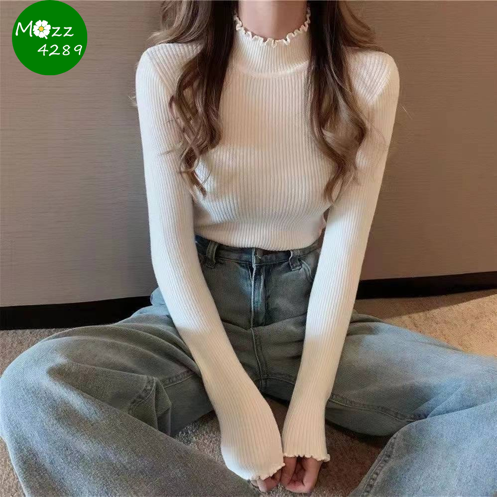 MQzz4289 *พร้อมส่ง* เสื้อไหมพรมแขนยาว เสื้อกันหนาว แขนยาว สีพื้น สำหรับผู้หญิง Freesize