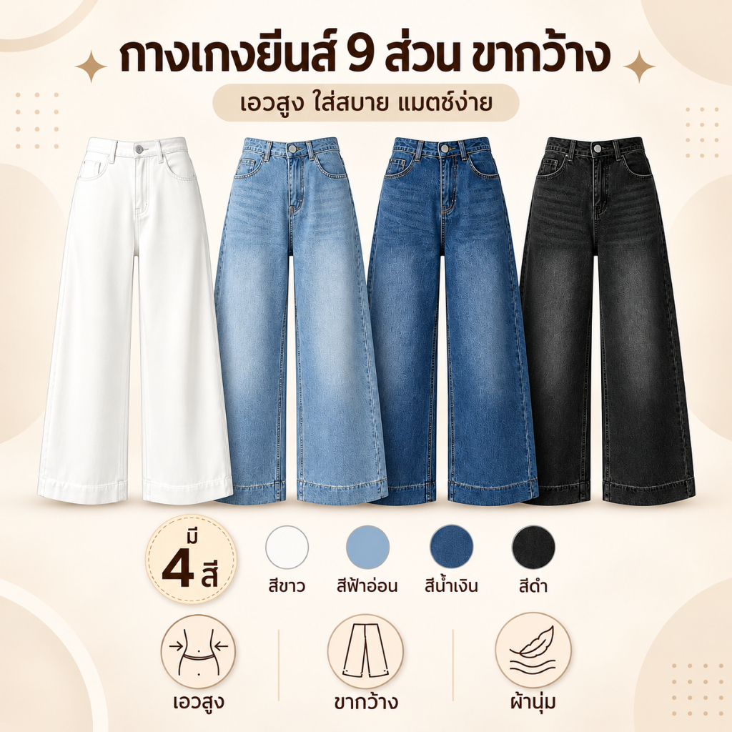 กางเกงยีนส์ผู้หญิงเก้าส่วน เอวสูง ขากว้าง ทรงสวย ผ้านุ่ม ใส่สบาย พรางหุ่น แมทช์ง่าย สีขาว ฟ้าอ่อน น้ำเงิน ดำ สไตล์เกาหลี