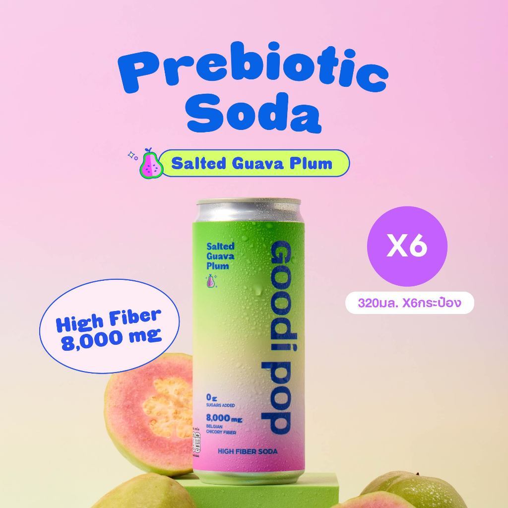 Goodi Pop โซดาพรีไบโอติก (Prebiotic Soda) แพ็ค 6 กระป๋อง รส Guava Plum | 8,000mg Chicory Inulin | 0 Sugar Added | อย.