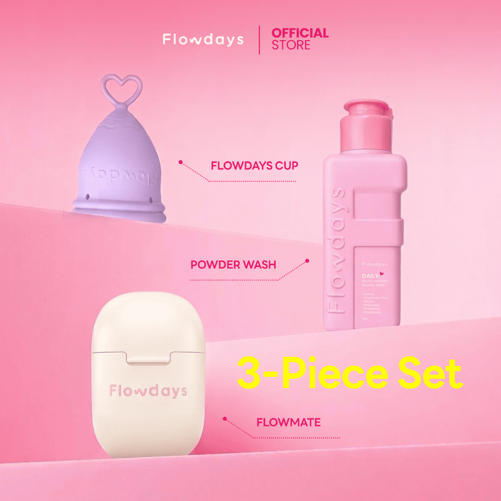 เซตถ้วยอนามัย FlowDays ครบชุด (ถ้วย+ผงล้างน้องสาว+Flowmate) เลือกไซซ์/สีถ้วยได้