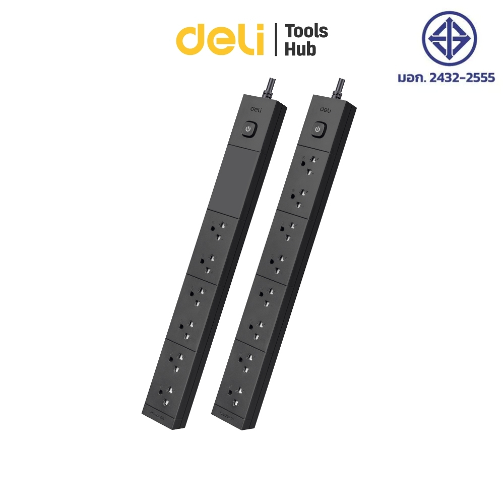 Deli ปลั๊กพ่วง 6 ช่อง รางปลั๊กไฟ 2300W ป้องกันไฟเกิน ทนความร้อน 750°C ติดผนังได้ Power Socket