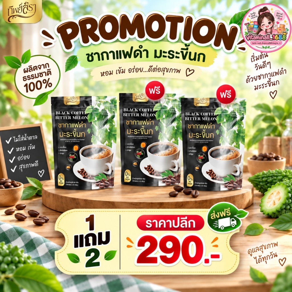 1 แถม 2 ☕️ชากาแฟดำ มะระขี้นกทิพย์สรา BLACK COFFEE BUTTER MELOM 1 ห่อ 30 ซองชา น้ำตาล 0% ไขมัน