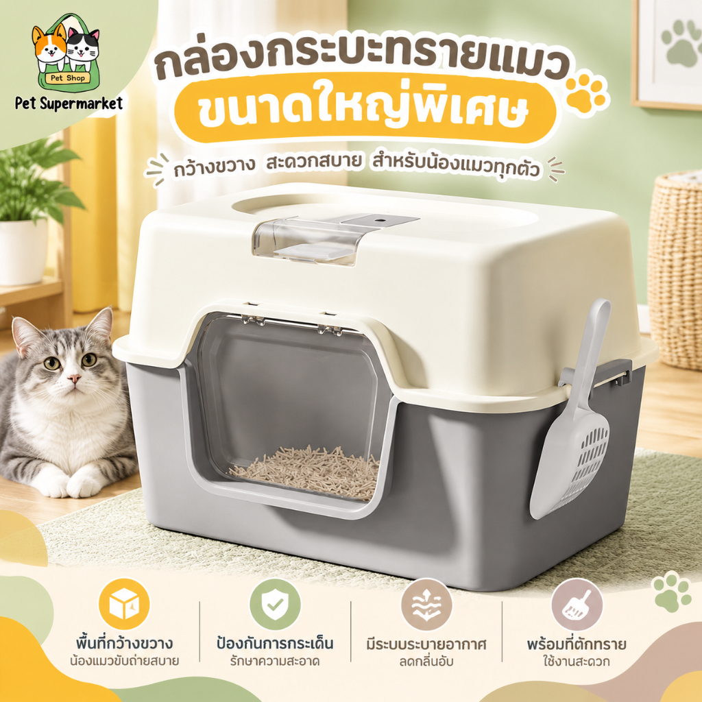 กระบะทรายแมวXXL ห้องน้ำแมวแบบปิดกร พื้นที่กว้างขวาง พลั่วฟรี ส้วมแมวห้องน้ำแมวใหญ่ กระบะทรายแมวพกพา กระบะทรายแมวขนาดใหญ่