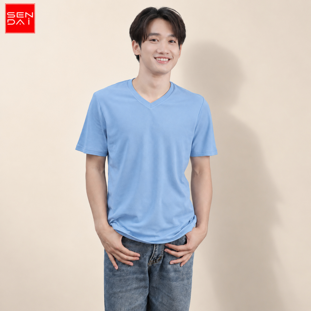 SENDAI เสื้อยืด เสื้อคอวี สีฟ้า