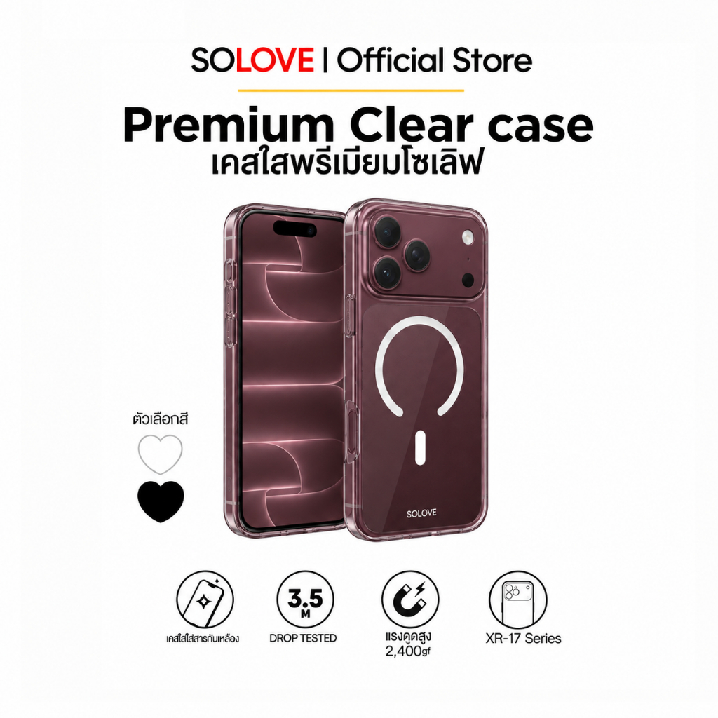 SOLOVE เคสใสสำหรับ iPhone ทุกรุ่น เคสกันกระแทก แรงดูดสูง พรีเมี่ยม ไม่เหลืองง่าย