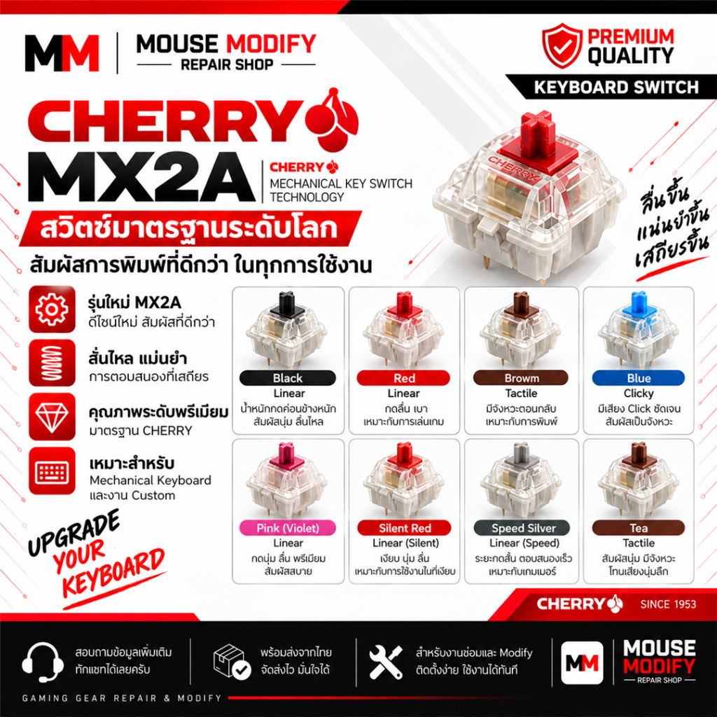 Cherry MX2A RGB สวิตช์คีย์บอร์ด Mechanical รุ่นใหม่ ลูปมาจากโรงาน ลื่น แน่น เสถียร สำหรับงานซ่อม / Modify คีย์บอร์ด