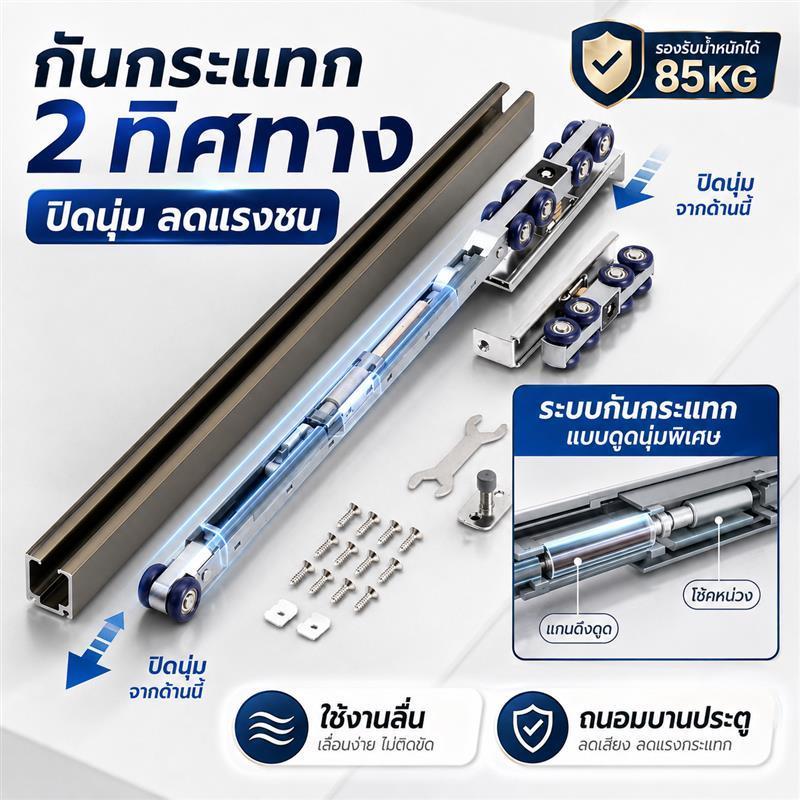 รางประตูพร้อมล้อ อุปกรณ์ประตูบานเลื่อน SOFT-CLOSEแบบโลหะ รับน้ำหนักได้ 75kg แข็งแรงทนทาน ติดตั้งง่าย